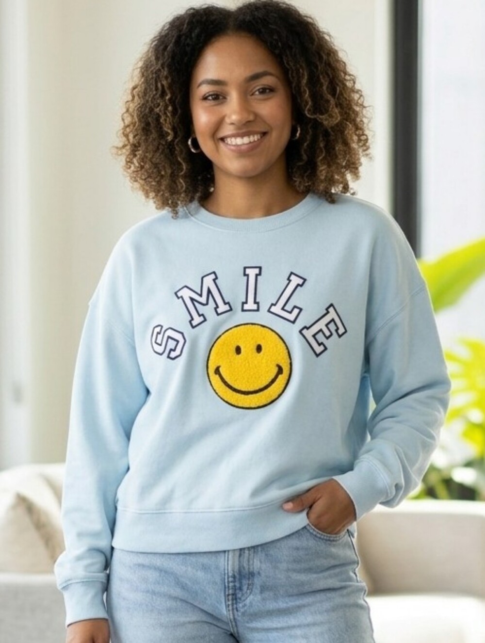 Altar'd State "SMILE" Smiley Face Sweatshirt Light Blue Size Medium Textured